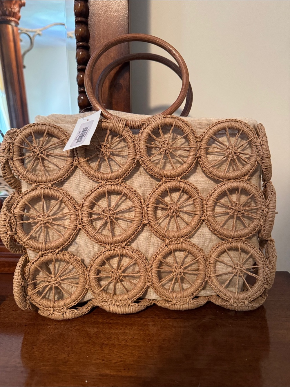 Woven Circle Accent Tote Bag in Natural Tan - Picture 1 of 1